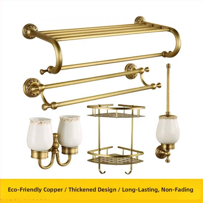 Bakreni držač za ručnike u kupaonici, europskog stila, brušeni završetak, montaža bez bušenja, komplet od šest dijelova ili više