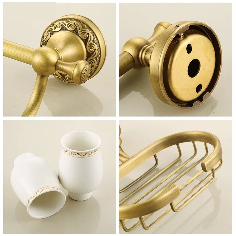 Bakreni držač za ručnike u kupaonici, europskog stila, brušeni završetak, montaža bez bušenja, komplet od šest dijelova ili više