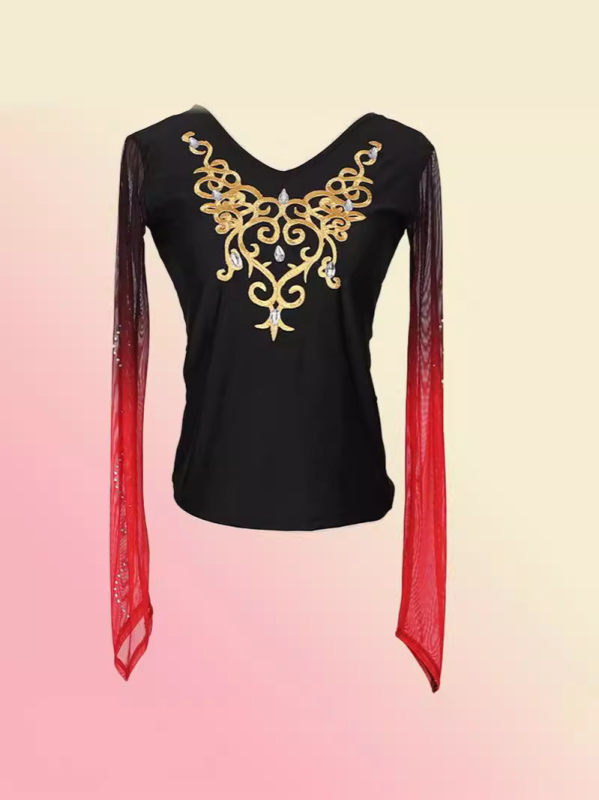 Uyghurski etnički plesni vrh, šifon-spandex smjesa, sadržaj spandeksa 50-70% (glavni) i 30-50% (sekundarno); proljeće 2024; za žene 18-24.