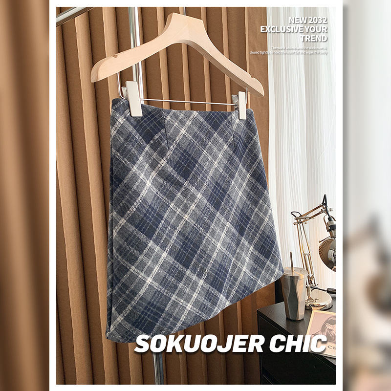 Kockovaná vlnená hip sukňa – krátka A-línia, neformálny štýl (Jar 2025)