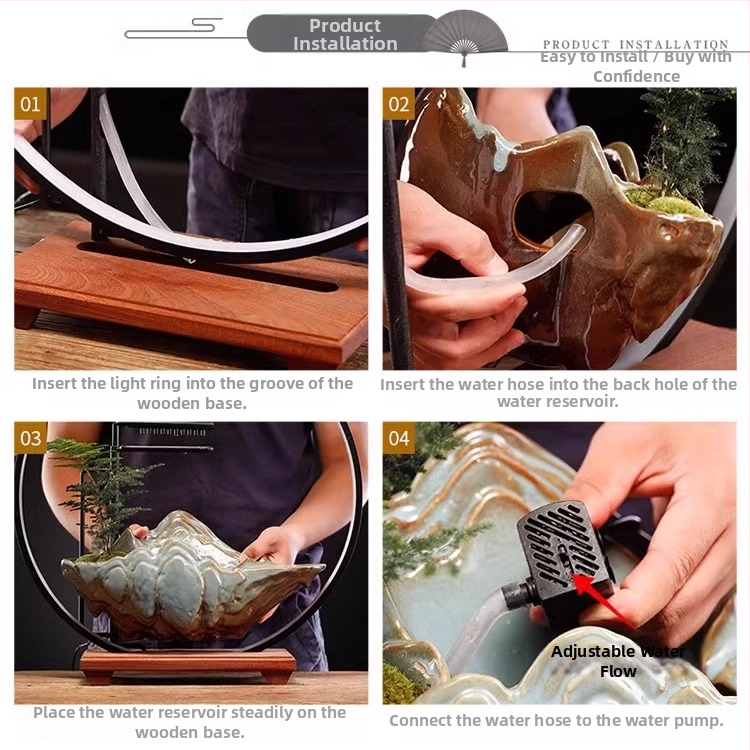 Керамичен овлажнител с циркулация на вода — декоративна фигура за бюро и хол, стил Нов Китайски стил, повърхност с полу-ручна обработка