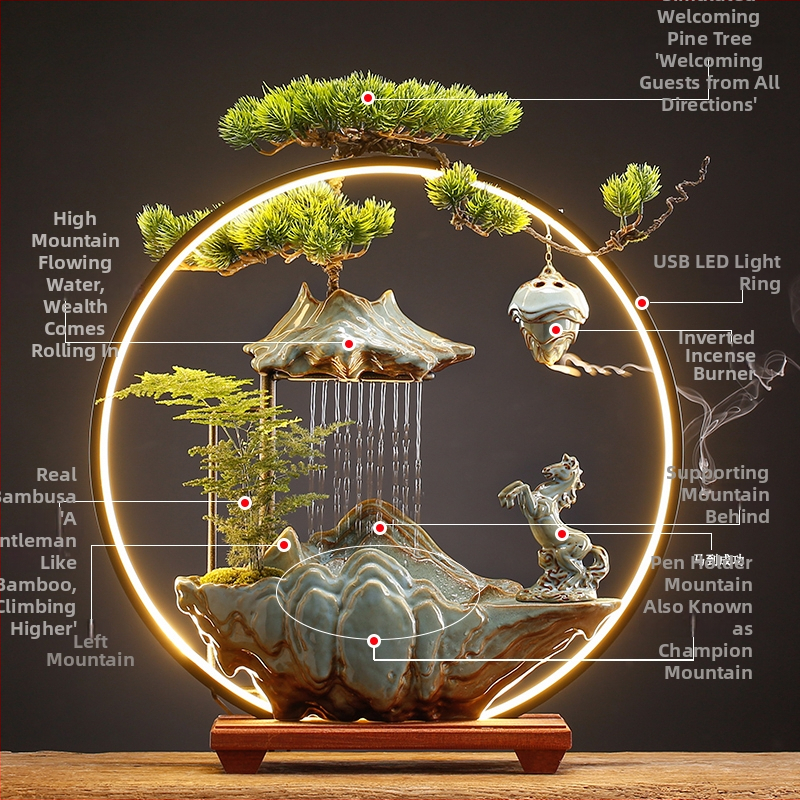 Керамичен овлажнител с циркулация на вода — декоративна фигура за бюро и хол, стил Нов Китайски стил, повърхност с полу-ручна обработка