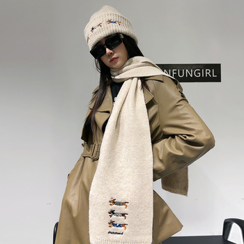 Σετ πλεκτό καπέλο και φουλάρι από μαλλί, με κέντημα κουταβιού, unisex, χειμώνας