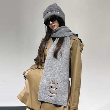 Σετ πλεκτό καπέλο και φουλάρι από μαλλί, με κέντημα κουταβιού, unisex, χειμώνας