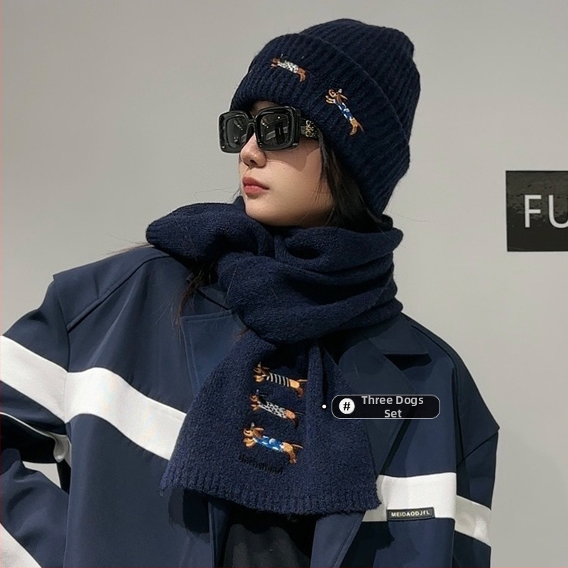 Vlnený pletený set čiapky a šálu s motívom šteniatka, unisex, zimný