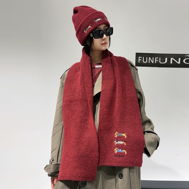 Σετ πλεκτό καπέλο και φουλάρι από μαλλί, με κέντημα κουταβιού, unisex, χειμώνας