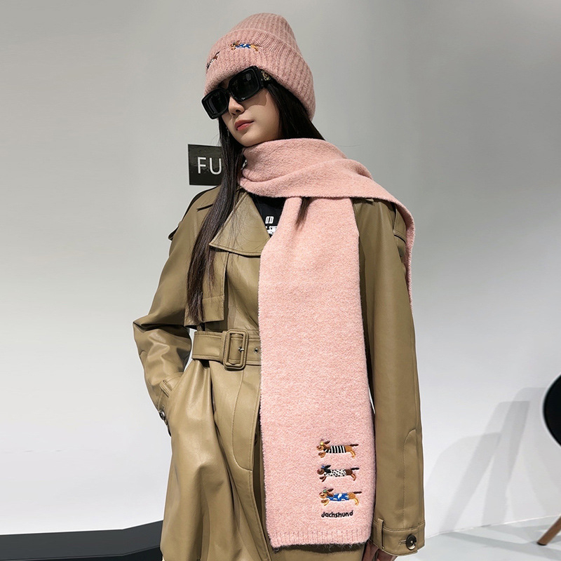 Σετ πλεκτό καπέλο και φουλάρι από μαλλί, με κέντημα κουταβιού, unisex, χειμώνας