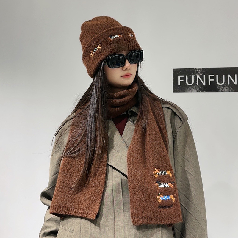 Σετ πλεκτό καπέλο και φουλάρι από μαλλί, με κέντημα κουταβιού, unisex, χειμώνας