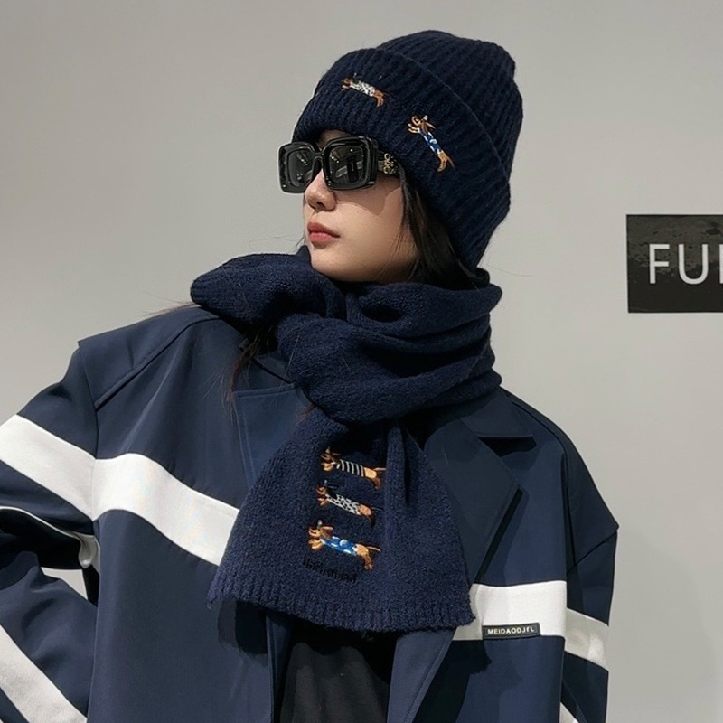 Σετ πλεκτό καπέλο και φουλάρι από μαλλί, με κέντημα κουταβιού, unisex, χειμώνας