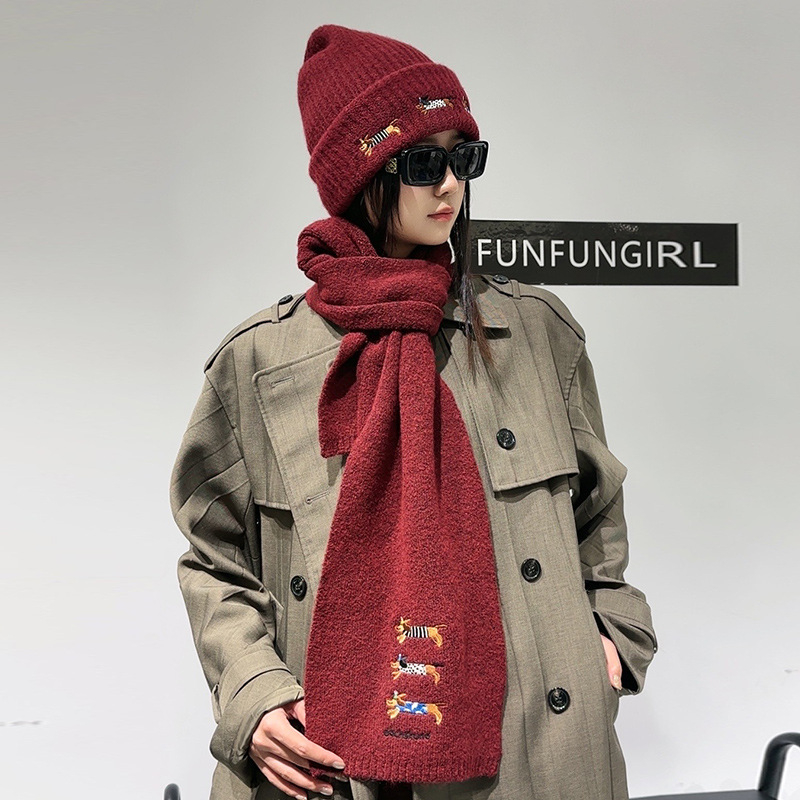 Σετ πλεκτό καπέλο και φουλάρι από μαλλί, με κέντημα κουταβιού, unisex, χειμώνας