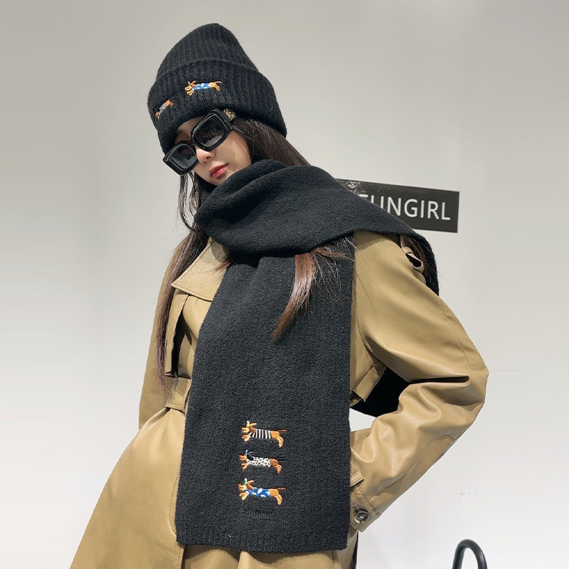 Σετ πλεκτό καπέλο και φουλάρι από μαλλί, με κέντημα κουταβιού, unisex, χειμώνας