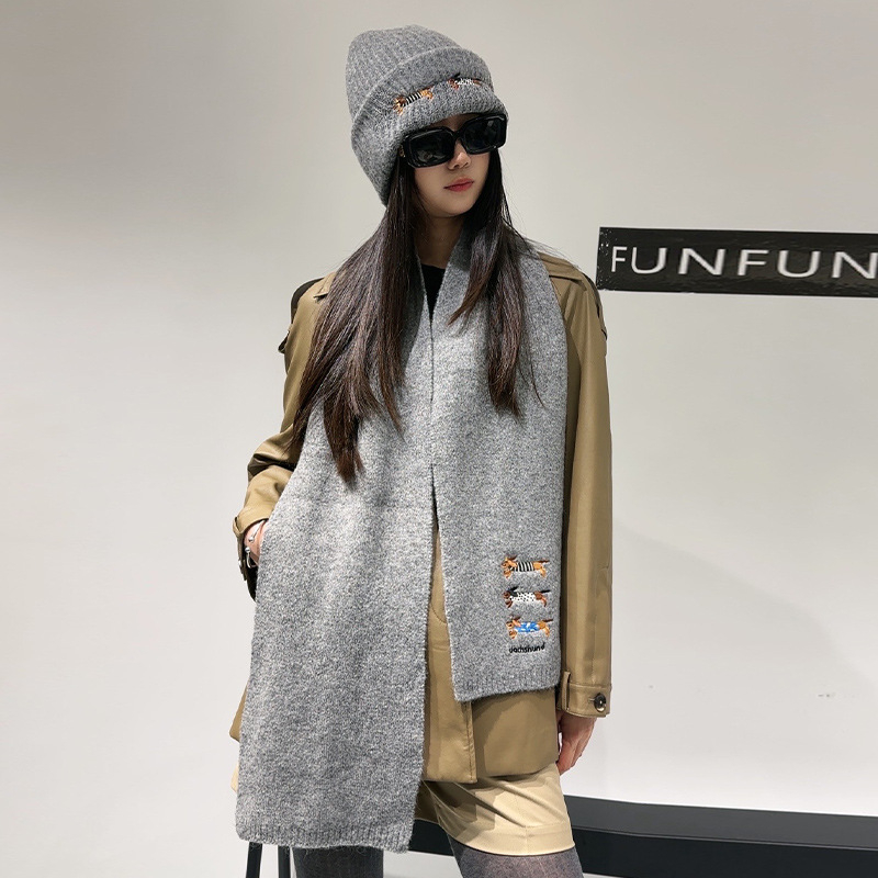 Σετ πλεκτό καπέλο και φουλάρι από μαλλί, με κέντημα κουταβιού, unisex, χειμώνας