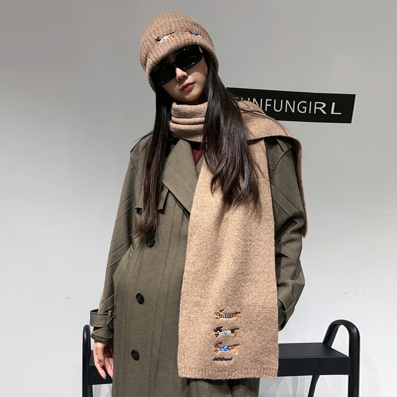 Σετ πλεκτό καπέλο και φουλάρι από μαλλί, με κέντημα κουταβιού, unisex, χειμώνας