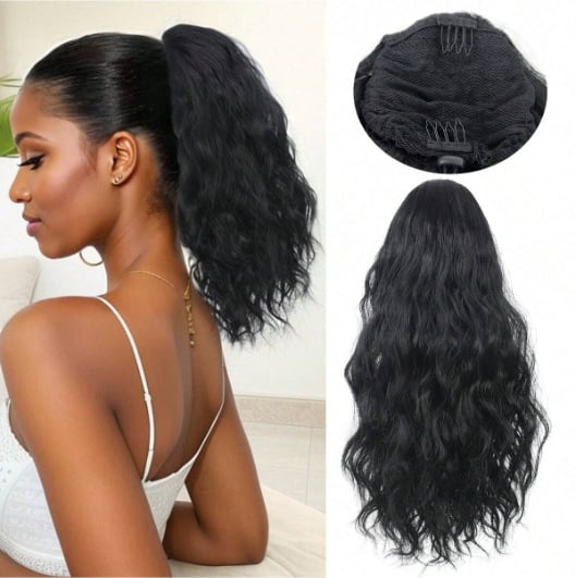 Extensie de coadă de cal cu clip mare, coadă buclată, fibre sintetice rezistente la căldură; poate fi vopsită și periată.