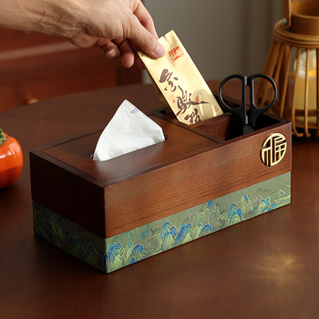 Дървена кутия за салфетки с отделение за дистанционно управление — Нов китайски стил, мултифункционална, модел 10029, за дневна и баня