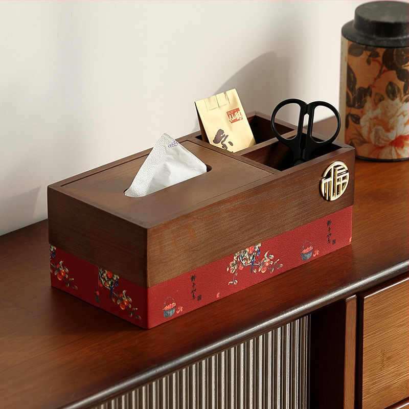 Drevená škatuľka na vreckovky s priehradkou na diaľkový ovládač — Nový čínsky štýl, Viacúčelová, Model 10029, do obývačky a kúpeľne