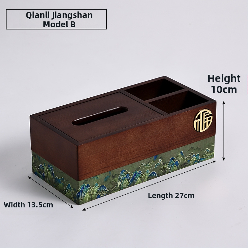 Drevená škatuľka na vreckovky s priehradkou na diaľkový ovládač — Nový čínsky štýl, Viacúčelová, Model 10029, do obývačky a kúpeľne