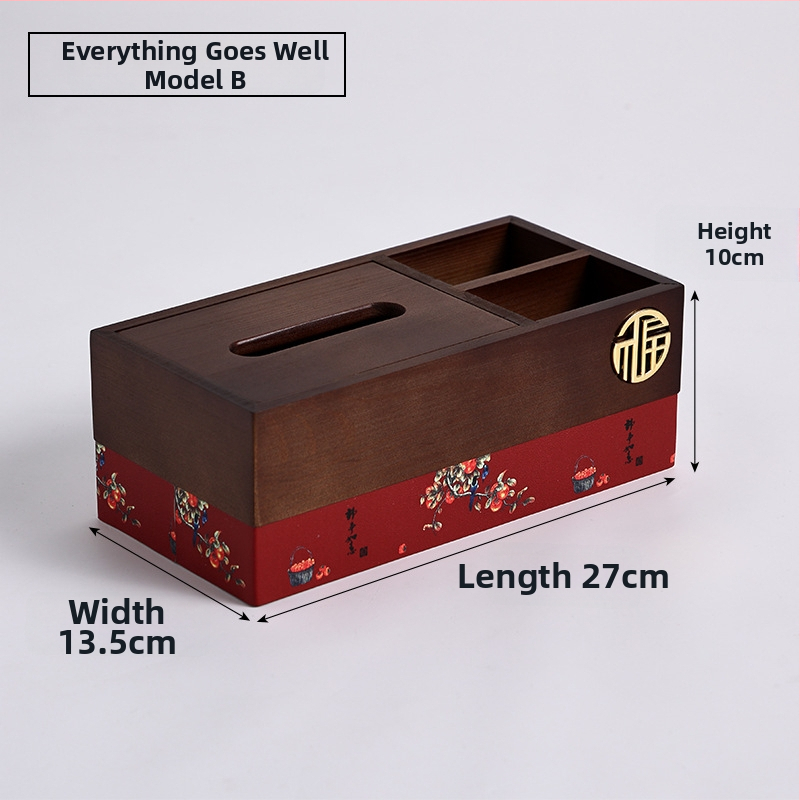 Drevená škatuľka na vreckovky s priehradkou na diaľkový ovládač — Nový čínsky štýl, Viacúčelová, Model 10029, do obývačky a kúpeľne