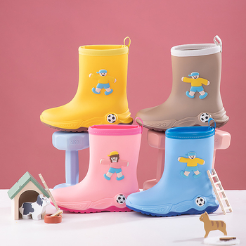 Ghete de ploaie pentru copii - stil cartoon sport, partea superioară din PVC, toc mic 1–3 cm, gambă medie, unisex, pentru toate anotimpurile