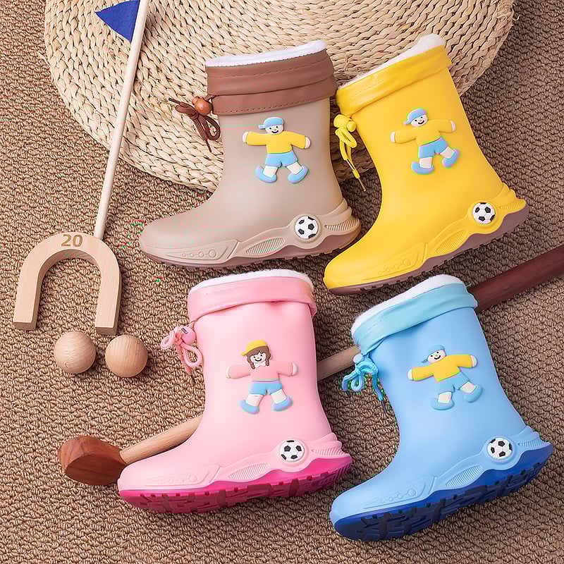 Ghete de ploaie pentru copii - stil cartoon sport, partea superioară din PVC, toc mic 1–3 cm, gambă medie, unisex, pentru toate anotimpurile