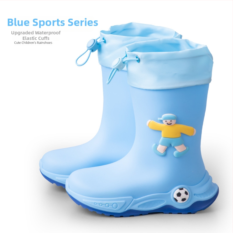 Ghete de ploaie pentru copii - stil cartoon sport, partea superioară din PVC, toc mic 1–3 cm, gambă medie, unisex, pentru toate anotimpurile
