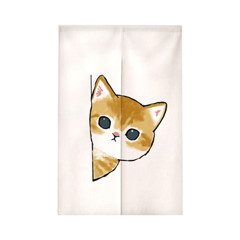 Завеса за врата с илюстрация на котка в анимационен стил – полиестер, тъкана завеса, декоративна и полупокриване 40–70%, подходяща за кухня, баня, спалня, входове и търговски помещения