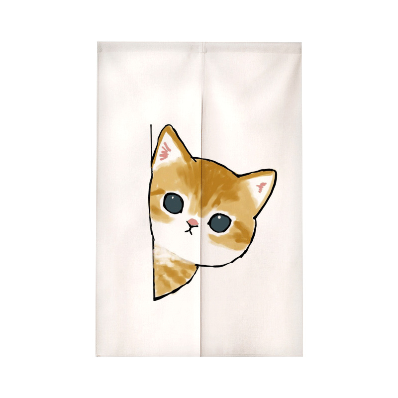 Завеса за врата с илюстрация на котка в анимационен стил – полиестер, тъкана завеса, декоративна и полупокриване 40–70%, подходяща за кухня, баня, спалня, входове и търговски помещения