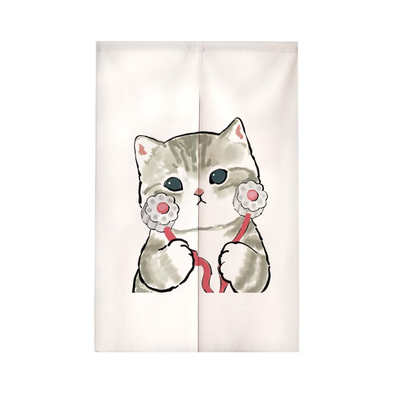 Завеса за врата с илюстрация на котка в анимационен стил – полиестер, тъкана завеса, декоративна и полупокриване 40–70%, подходяща за кухня, баня, спалня, входове и търговски помещения