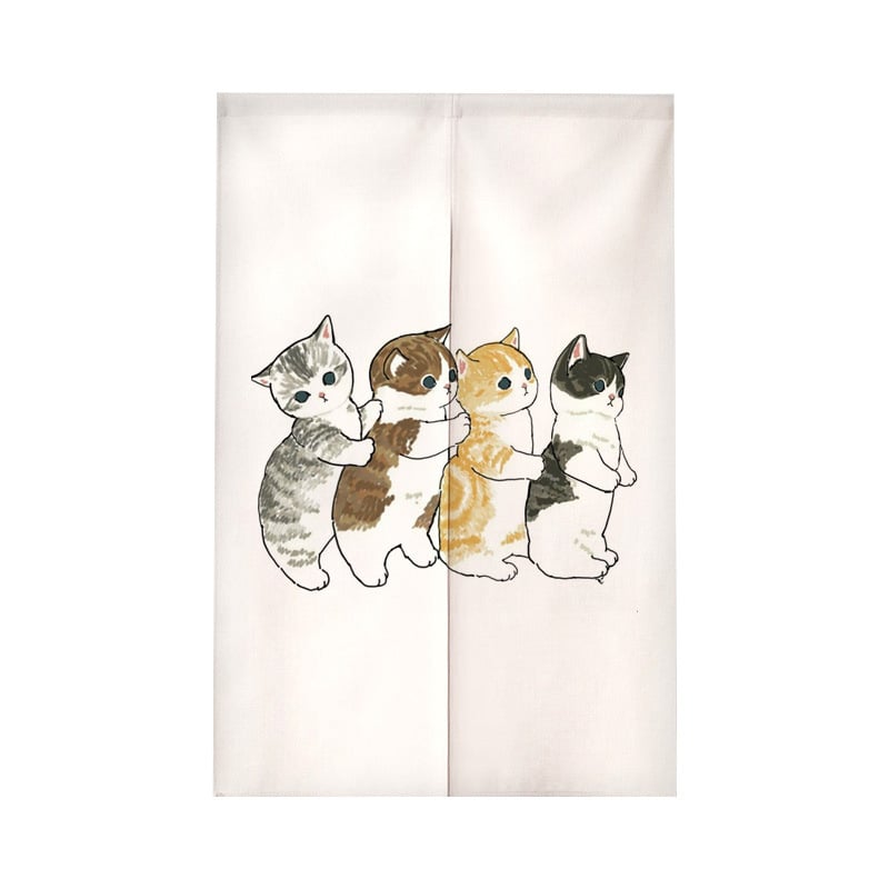 Завеса за врата с илюстрация на котка в анимационен стил – полиестер, тъкана завеса, декоративна и полупокриване 40–70%, подходяща за кухня, баня, спалня, входове и търговски помещения