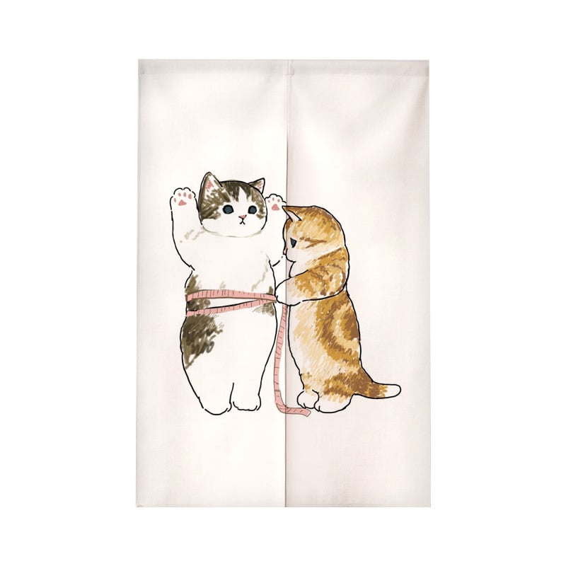 Завеса за врата с илюстрация на котка в анимационен стил – полиестер, тъкана завеса, декоративна и полупокриване 40–70%, подходяща за кухня, баня, спалня, входове и търговски помещения
