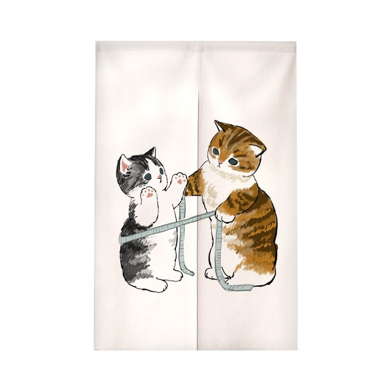 Завеса за врата с илюстрация на котка в анимационен стил – полиестер, тъкана завеса, декоративна и полупокриване 40–70%, подходяща за кухня, баня, спалня, входове и търговски помещения