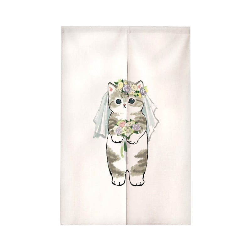 Завеса за врата с илюстрация на котка в анимационен стил – полиестер, тъкана завеса, декоративна и полупокриване 40–70%, подходяща за кухня, баня, спалня, входове и търговски помещения