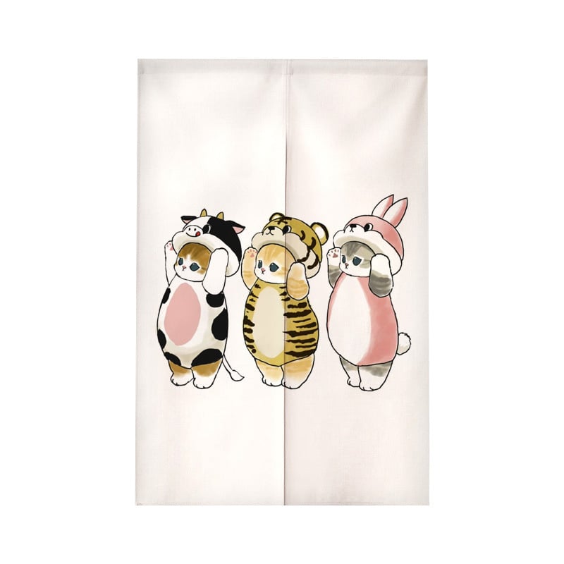 Завеса за врата с илюстрация на котка в анимационен стил – полиестер, тъкана завеса, декоративна и полупокриване 40–70%, подходяща за кухня, баня, спалня, входове и търговски помещения