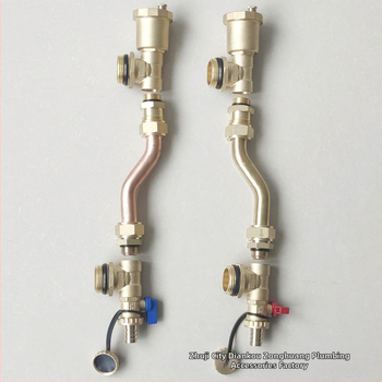 Rozdelovač podlahového vykurovania, meďné telo, závitové pripojenie, automatický odvzduňovací ventil, elektroplátovaný povrch, prevádzková teplota 1-100°C