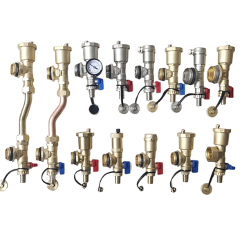 Rozdelovač podlahového vykurovania, meďné telo, závitové pripojenie, automatický odvzduňovací ventil, elektroplátovaný povrch, prevádzková teplota 1-100°C