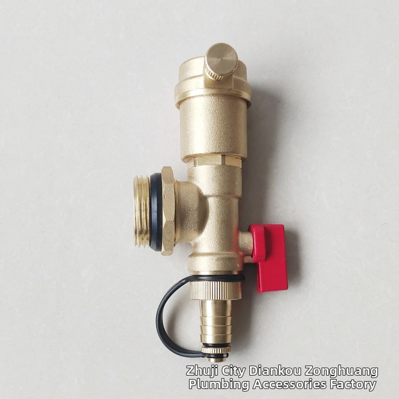 Rozdelovač podlahového vykurovania, meďné telo, závitové pripojenie, automatický odvzduňovací ventil, elektroplátovaný povrch, prevádzková teplota 1-100°C