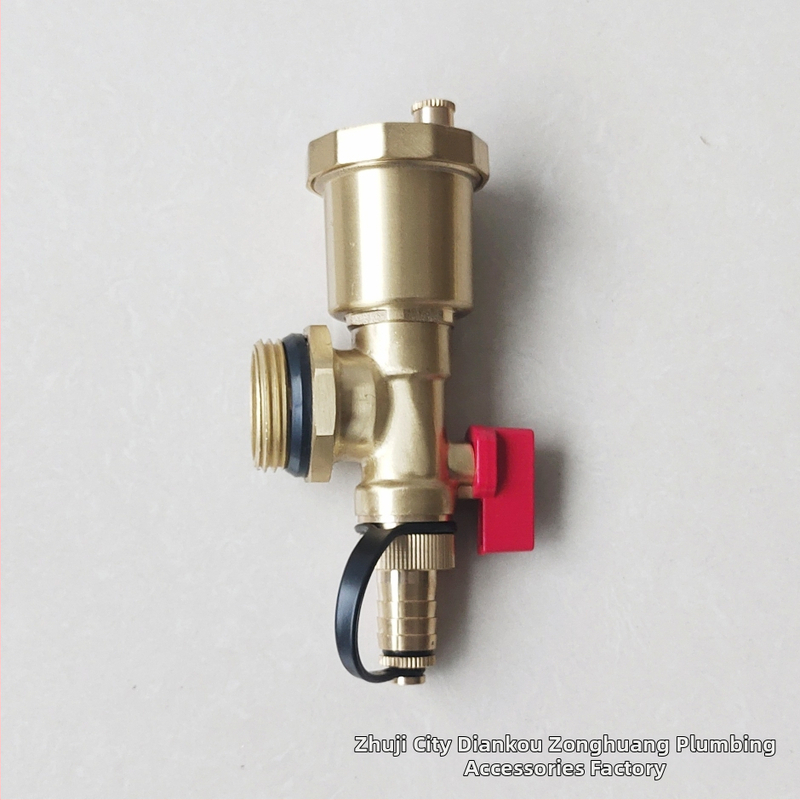 Rozdelovač podlahového vykurovania, meďné telo, závitové pripojenie, automatický odvzduňovací ventil, elektroplátovaný povrch, prevádzková teplota 1-100°C