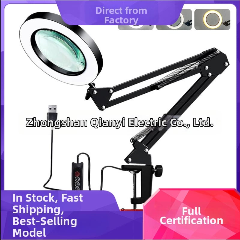 Λαμπά LED γραφείου με μακρύ βραχίονα και πτυσσόμενο μεγεθυντικό φακό – φως ανάγνωσης φιλικό στα μάτια, USB τροφοδοσία 12W, μεταλλική σκιά, CE πιστοποιητικό