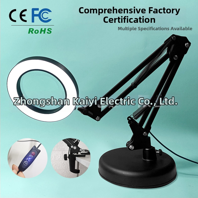 LED stolná lampa s skladacím zväčšovacím sklom – očná ochrana pri čítaní a údržbe, USB napájanie 12W, kovový tienidlo, CE certifikát