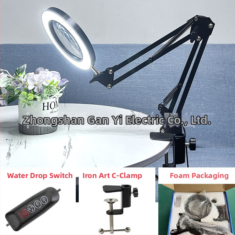 Λαμπά LED γραφείου με μακρύ βραχίονα και πτυσσόμενο μεγεθυντικό φακό – φως ανάγνωσης φιλικό στα μάτια, USB τροφοδοσία 12W, μεταλλική σκιά, CE πιστοποιητικό