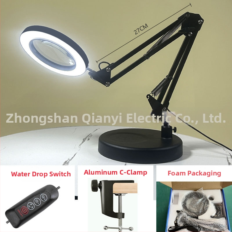 Λαμπά LED γραφείου με μακρύ βραχίονα και πτυσσόμενο μεγεθυντικό φακό – φως ανάγνωσης φιλικό στα μάτια, USB τροφοδοσία 12W, μεταλλική σκιά, CE πιστοποιητικό