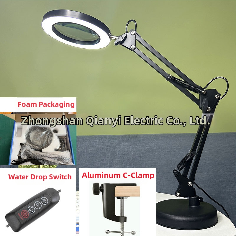 Λαμπά LED γραφείου με μακρύ βραχίονα και πτυσσόμενο μεγεθυντικό φακό – φως ανάγνωσης φιλικό στα μάτια, USB τροφοδοσία 12W, μεταλλική σκιά, CE πιστοποιητικό