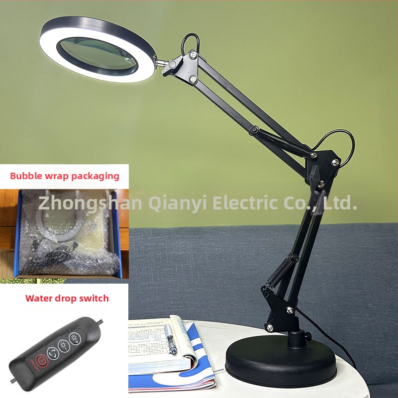 Λαμπά LED γραφείου με μακρύ βραχίονα και πτυσσόμενο μεγεθυντικό φακό – φως ανάγνωσης φιλικό στα μάτια, USB τροφοδοσία 12W, μεταλλική σκιά, CE πιστοποιητικό