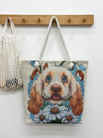 Τσαντα από καμβά με μοτίβο σκύλου, μεγάλη χωρητικότητα, ύφασμα βαμβακό-λινό, άνοιγμα με φερμουάρ, εσωτερικό τσεπάκι με φερμουάρ, διπλοί ιμάντες, ευέλικτη ως crossbody ή χειραποσκευή.