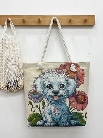 Τσαντα από καμβά με μοτίβο σκύλου, μεγάλη χωρητικότητα, ύφασμα βαμβακό-λινό, άνοιγμα με φερμουάρ, εσωτερικό τσεπάκι με φερμουάρ, διπλοί ιμάντες, ευέλικτη ως crossbody ή χειραποσκευή.