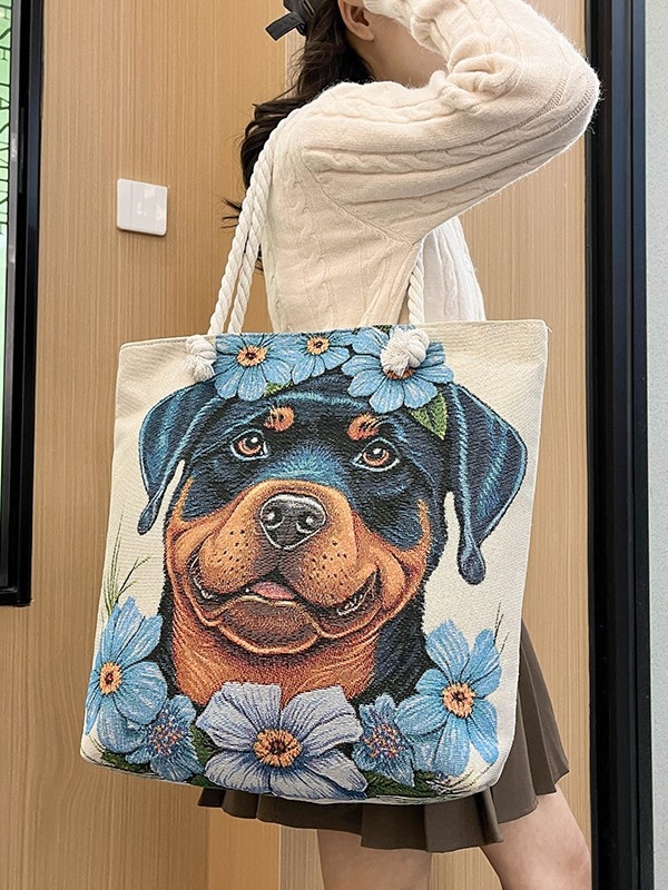 Τσαντα από καμβά με μοτίβο σκύλου, μεγάλη χωρητικότητα, ύφασμα βαμβακό-λινό, άνοιγμα με φερμουάρ, εσωτερικό τσεπάκι με φερμουάρ, διπλοί ιμάντες, ευέλικτη ως crossbody ή χειραποσκευή.