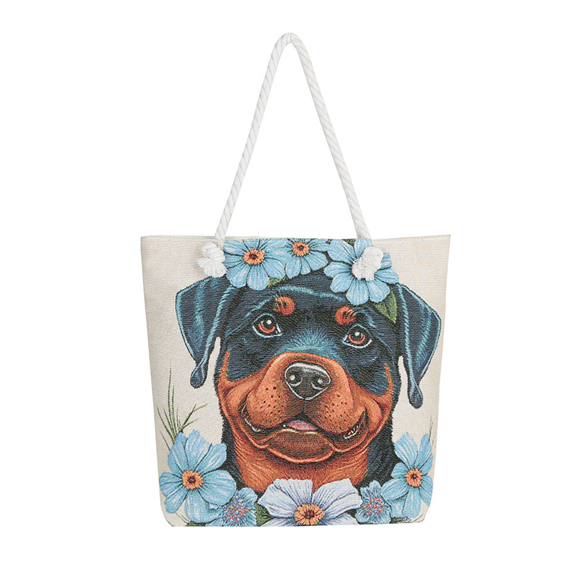 Τσαντα από καμβά με μοτίβο σκύλου, μεγάλη χωρητικότητα, ύφασμα βαμβακό-λινό, άνοιγμα με φερμουάρ, εσωτερικό τσεπάκι με φερμουάρ, διπλοί ιμάντες, ευέλικτη ως crossbody ή χειραποσκευή.