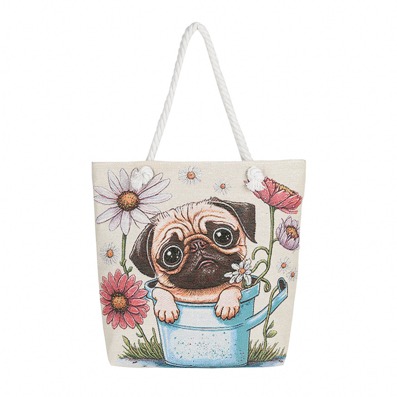 Τσαντα από καμβά με μοτίβο σκύλου, μεγάλη χωρητικότητα, ύφασμα βαμβακό-λινό, άνοιγμα με φερμουάρ, εσωτερικό τσεπάκι με φερμουάρ, διπλοί ιμάντες, ευέλικτη ως crossbody ή χειραποσκευή.