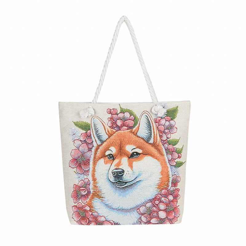 Τσαντα από καμβά με μοτίβο σκύλου, μεγάλη χωρητικότητα, ύφασμα βαμβακό-λινό, άνοιγμα με φερμουάρ, εσωτερικό τσεπάκι με φερμουάρ, διπλοί ιμάντες, ευέλικτη ως crossbody ή χειραποσκευή.