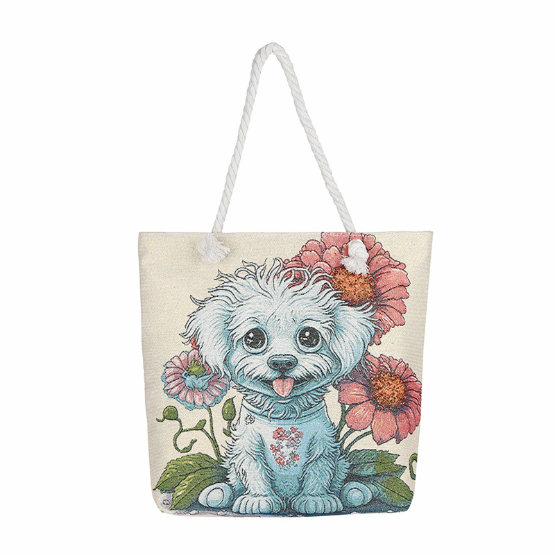 Τσαντα από καμβά με μοτίβο σκύλου, μεγάλη χωρητικότητα, ύφασμα βαμβακό-λινό, άνοιγμα με φερμουάρ, εσωτερικό τσεπάκι με φερμουάρ, διπλοί ιμάντες, ευέλικτη ως crossbody ή χειραποσκευή.
